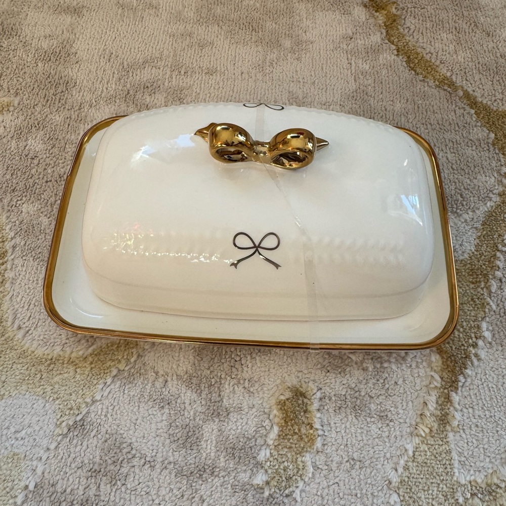Elegant Gold and White Bow Butter Dish